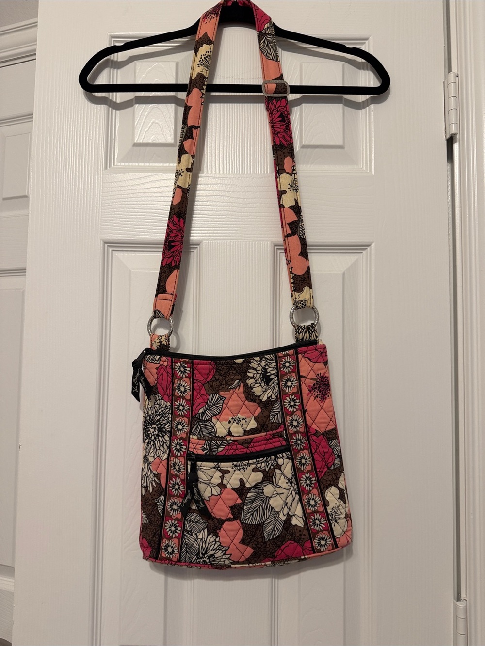 Vera Bradley Pink Floral Quilted Crossbody with Cream and Brown Accents